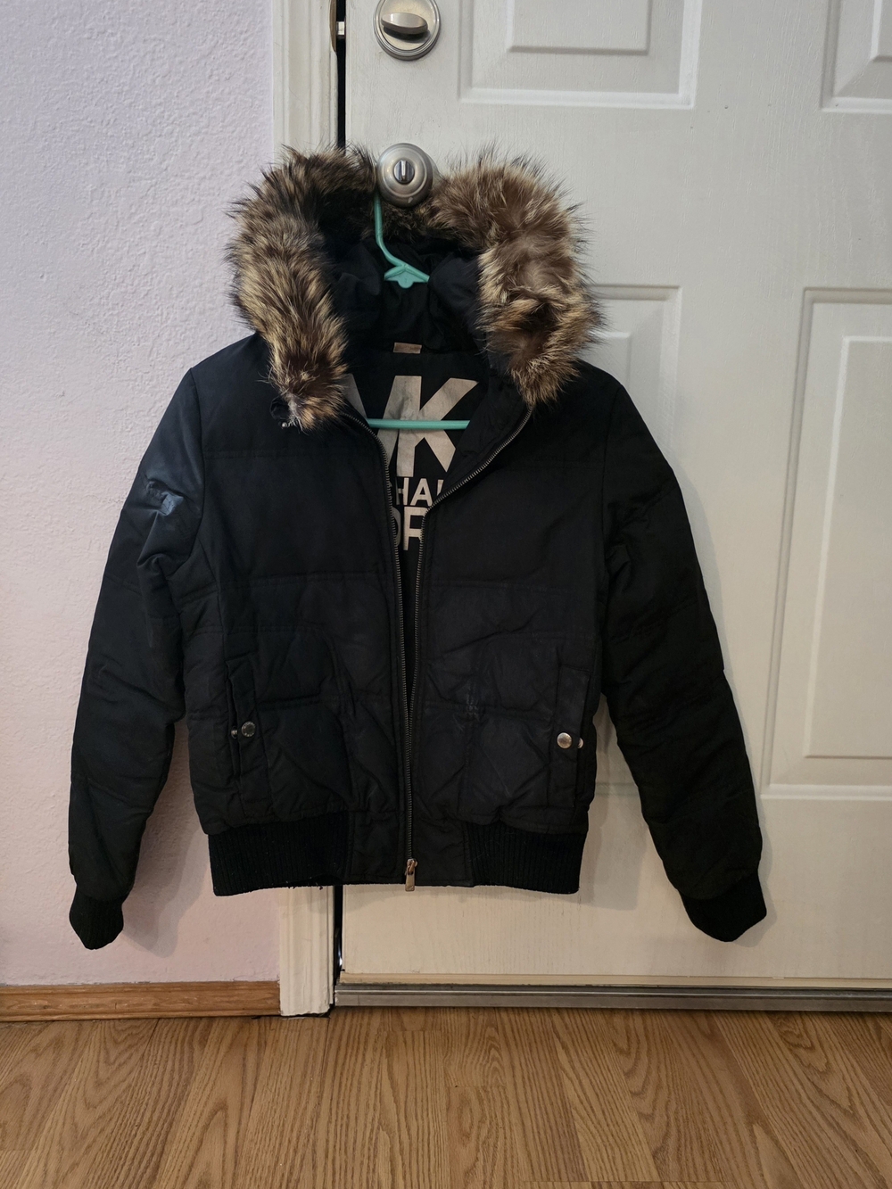 Michael Kors XS  Black Bomber Jacket with Faux Fur Hood Trim